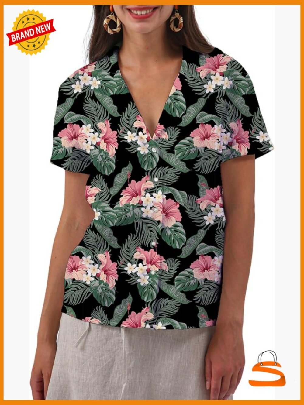 100% Linen Hawaiian Button Down Shirt Casual Short Sleeve